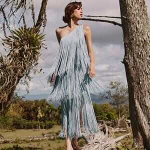 No Pise La Grama Cascada Fringe Maxi Dress - Dusty Blue - NWT